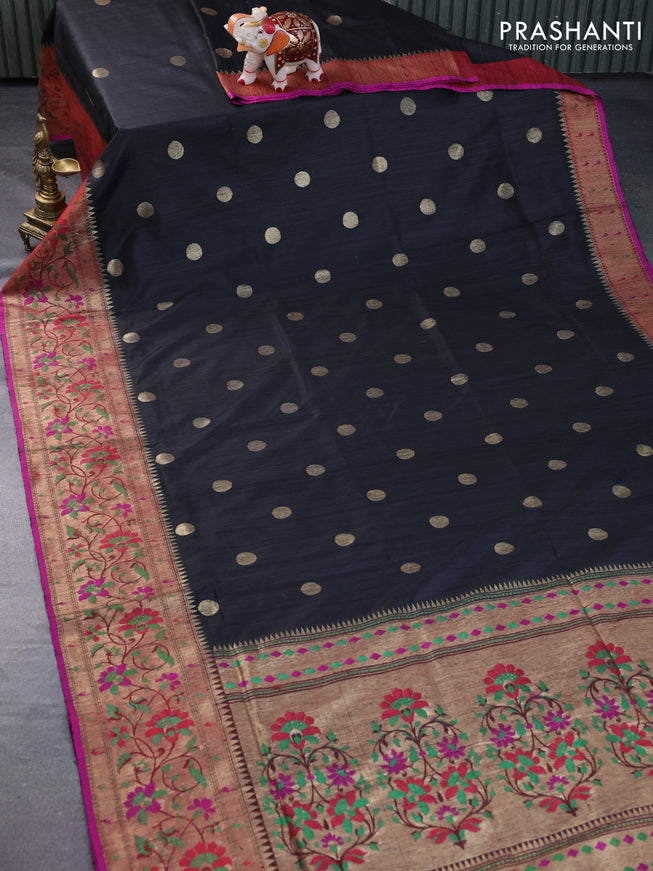 Banarasi handloom dupion silk saree black and pink with zari woven coin buttas and zari woven floral paithani border