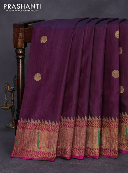 Banarasi handloom dupion silk saree wine shade and purple with zari woven coin buttas and zari woven muniya butta border