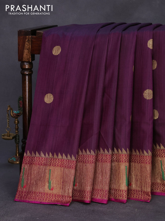 Banarasi handloom dupion silk saree wine shade and purple with zari woven coin buttas and zari woven muniya butta border