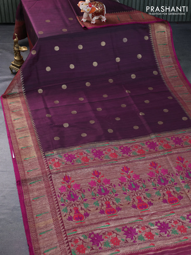 Banarasi handloom dupion silk saree wine shade and purple with zari woven coin buttas and zari woven muniya butta border