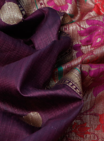 Banarasi handloom dupion silk saree wine shade and purple with zari woven coin buttas and zari woven muniya butta border