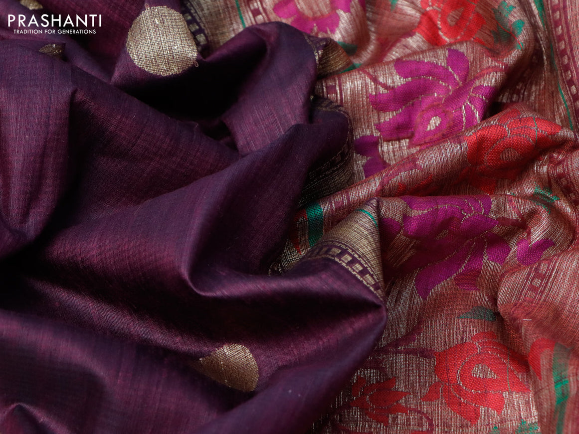 Banarasi handloom dupion silk saree wine shade and purple with zari woven coin buttas and zari woven muniya butta border