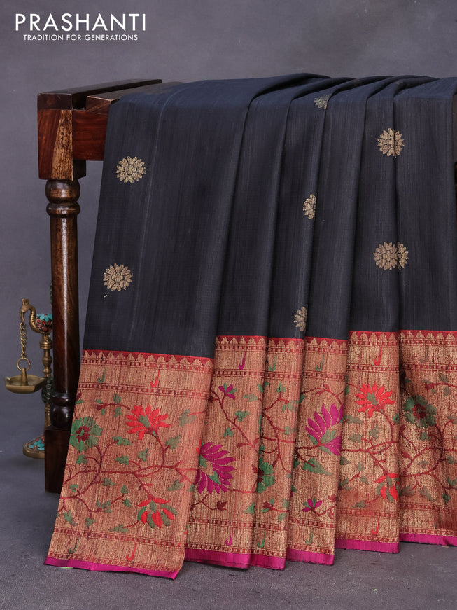 Banarasi handloom dupion silk saree black and purple with zari woven floral buttas and zari woven floral paithani border