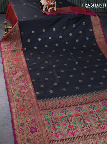 Banarasi handloom dupion silk saree black and purple with zari woven floral buttas and zari woven floral paithani border