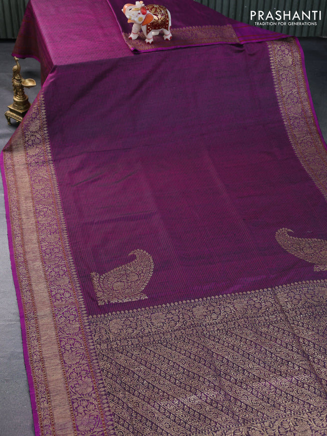 Banarasi handloom dupion silk saree purple with thread & paisley zari woven buttas and floral design zari woven border