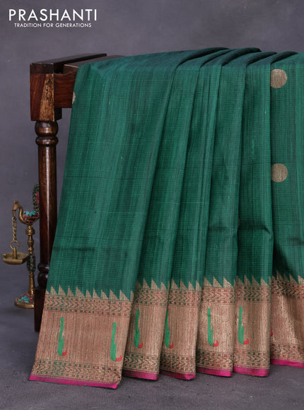 Banarasi handloom dupion silk saree green and purple with zari woven coin buttas and zari woven muniya butta border