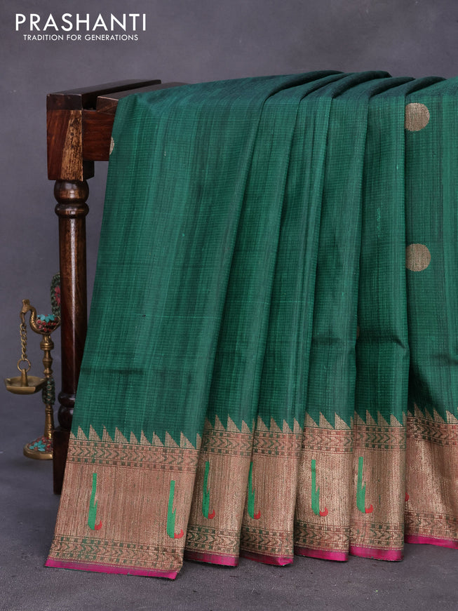 Banarasi handloom dupion silk saree green and purple with zari woven coin buttas and zari woven muniya butta border