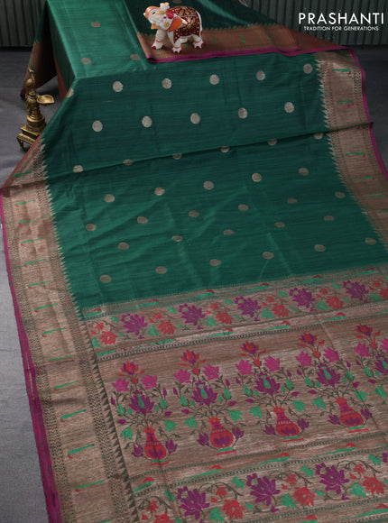 Banarasi handloom dupion silk saree green and purple with zari woven coin buttas and zari woven muniya butta border