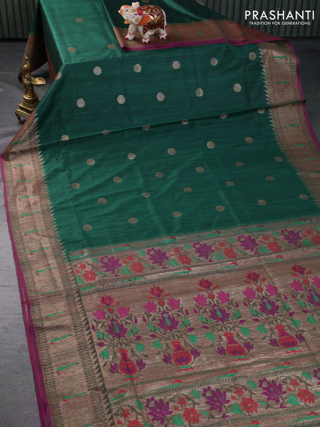 Banarasi handloom dupion silk saree green and purple with zari woven coin buttas and zari woven muniya butta border