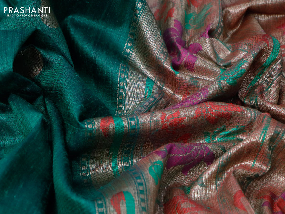 Banarasi handloom dupion silk saree green and purple with zari woven coin buttas and zari woven muniya butta border