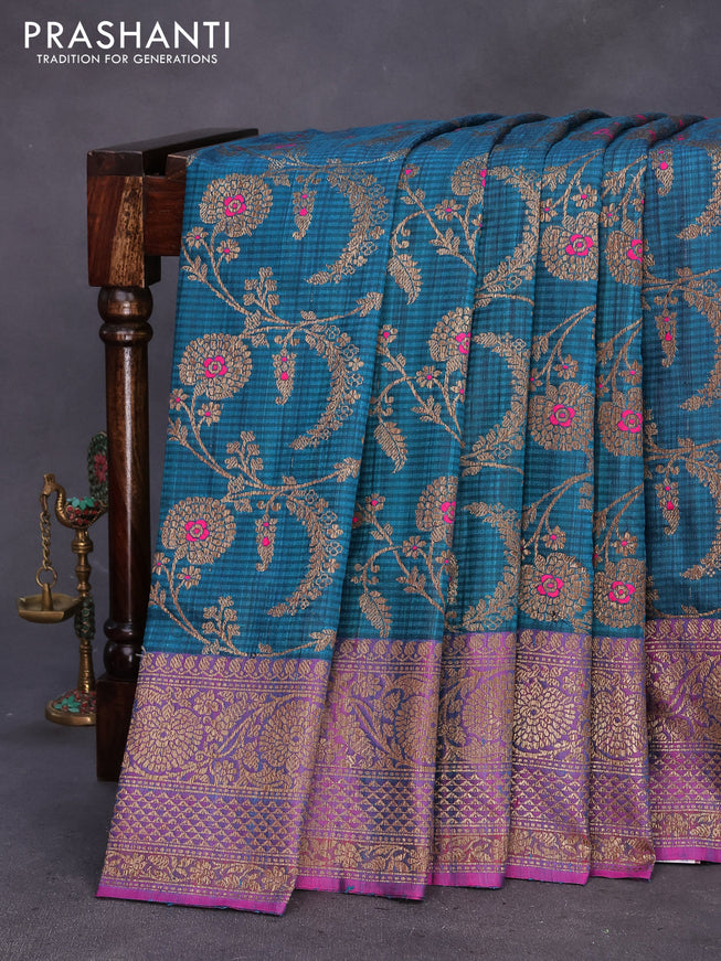 Banarasi handloom dupion silk saree cs blue and purple with allover thread & zari woven floral weaves and woven border