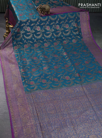 Banarasi handloom dupion silk saree cs blue and purple with allover thread & zari woven floral weaves and woven border