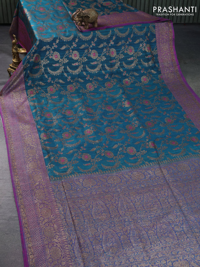 Banarasi handloom dupion silk saree cs blue and purple with allover thread & zari woven floral weaves and woven border