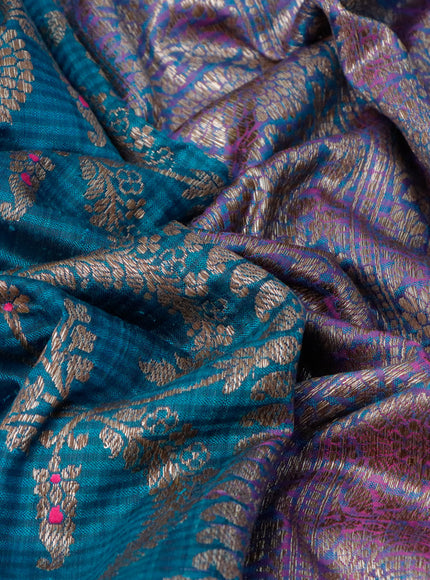 Banarasi handloom dupion silk saree cs blue and purple with allover thread & zari woven floral weaves and woven border