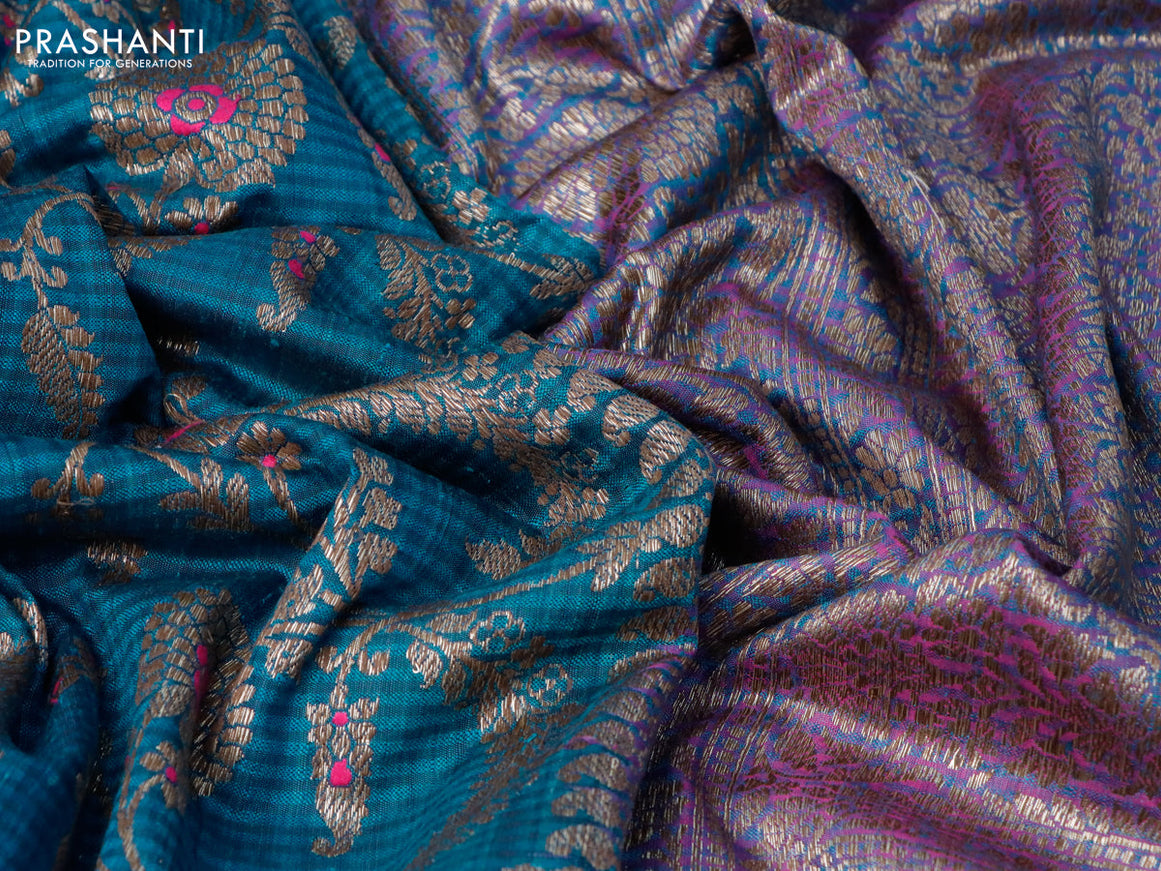 Banarasi handloom dupion silk saree cs blue and purple with allover thread & zari woven floral weaves and woven border