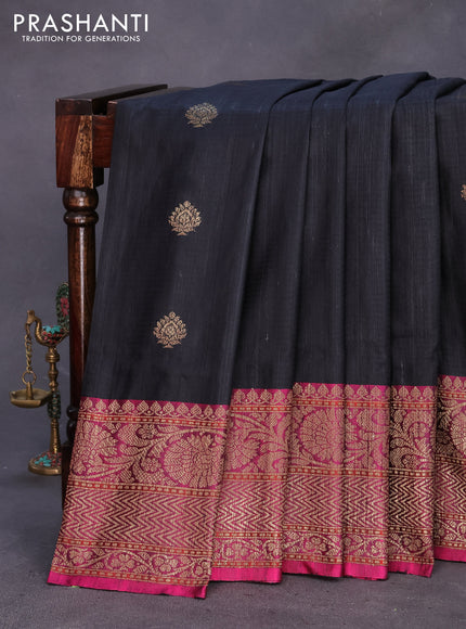 Banarasi handloom dupion silk saree black and magenta pink with thread & zari woven buttas and woven border