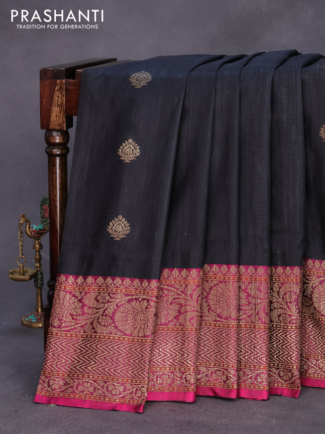 Banarasi handloom dupion silk saree black and magenta pink with thread & zari woven buttas and woven border