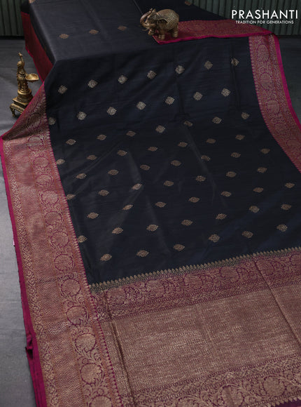 Banarasi handloom dupion silk saree black and magenta pink with thread & zari woven buttas and woven border