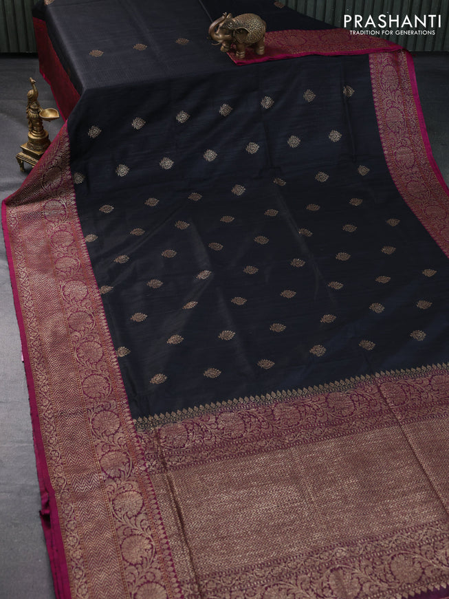 Banarasi handloom dupion silk saree black and magenta pink with thread & zari woven buttas and woven border