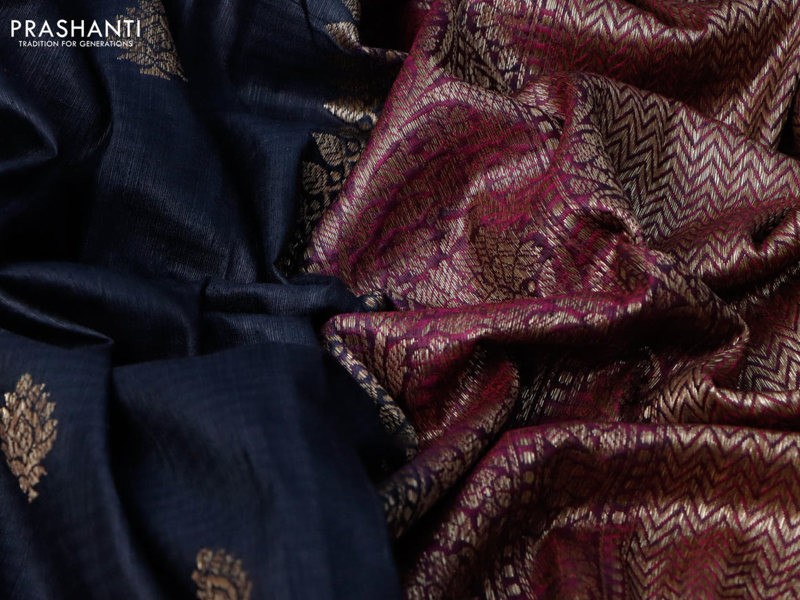 Banarasi handloom dupion silk saree black and magenta pink with thread & zari woven buttas and woven border