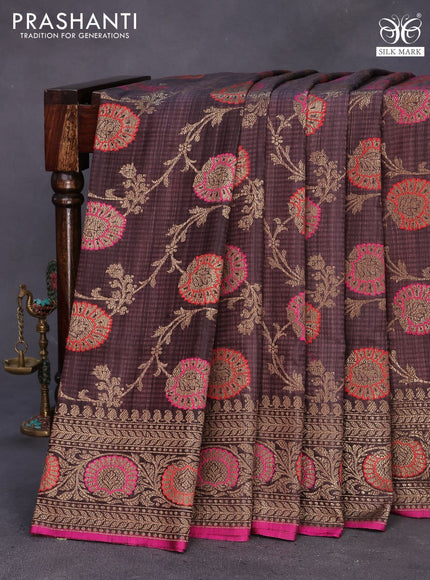 Banarasi handloom dupion silk saree rosy brown and pink with allover thread & zari woven floral weaves and woven border