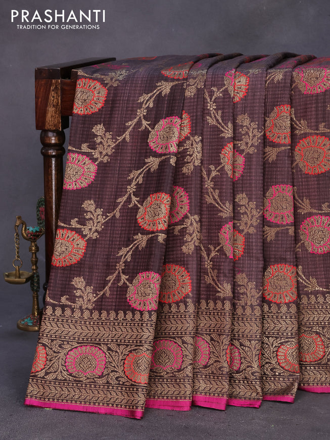 Banarasi handloom dupion silk saree rosy brown and pink with allover thread & zari woven floral weaves and woven border