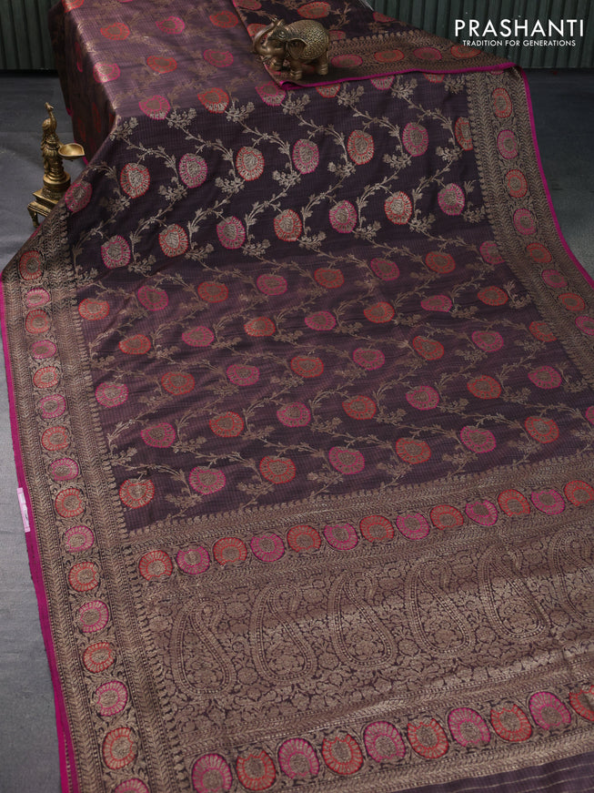 Banarasi handloom dupion silk saree rosy brown and pink with allover thread & zari woven floral weaves and woven border