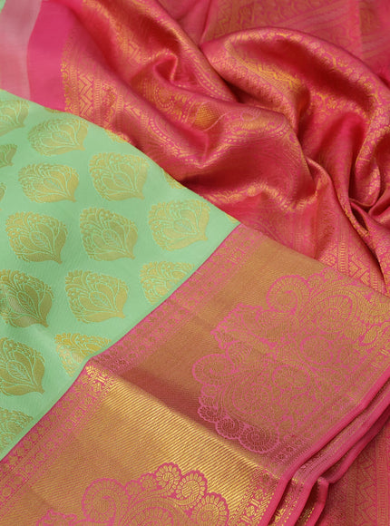 Pure kanchipuram silk saree pista green and pink with zari woven buttas and zari woven border