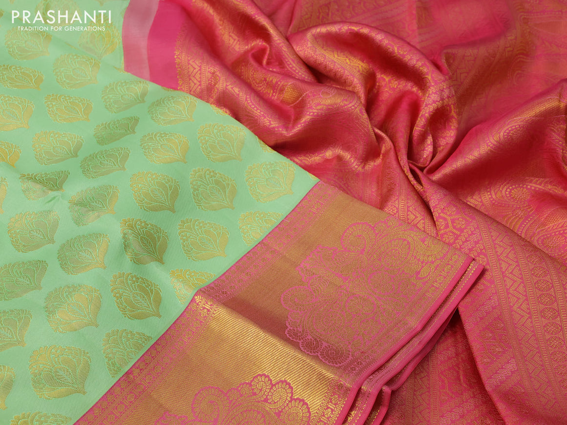 Pure kanchipuram silk saree pista green and pink with zari woven buttas and zari woven border