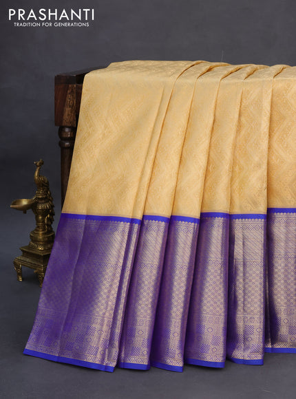 Pure kanchipuram silk saree sandal and blue with allover zari woven brocade weaves and long zari woven border