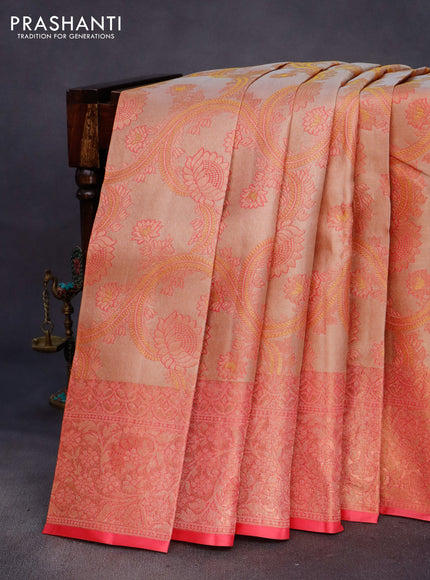 Pure kanchipuram tissue silk saree beige and pink with allover zari woven brocade weaves and zari woven border