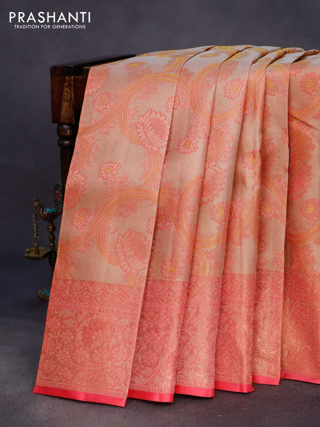 Pure kanchipuram tissue silk saree beige and pink with allover zari woven brocade weaves and zari woven border