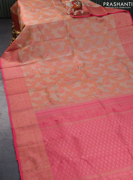 Pure kanchipuram tissue silk saree beige and pink with allover zari woven brocade weaves and zari woven border