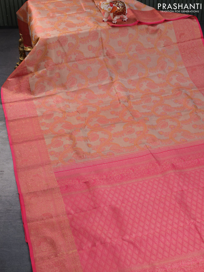 Pure kanchipuram tissue silk saree beige and pink with allover zari woven brocade weaves and zari woven border