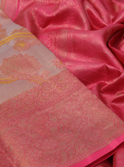 Pure kanchipuram tissue silk saree beige and pink with allover zari woven brocade weaves and zari woven border