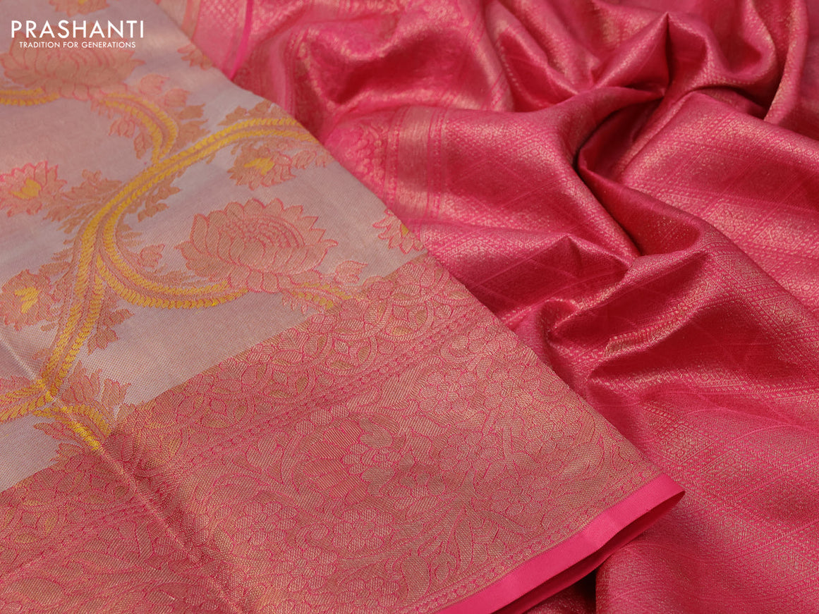 Pure kanchipuram tissue silk saree beige and pink with allover zari woven brocade weaves and zari woven border