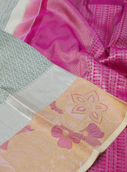 Pure kanchipuram silk saree cream and pink with allover self emboss and zari woven floral design border