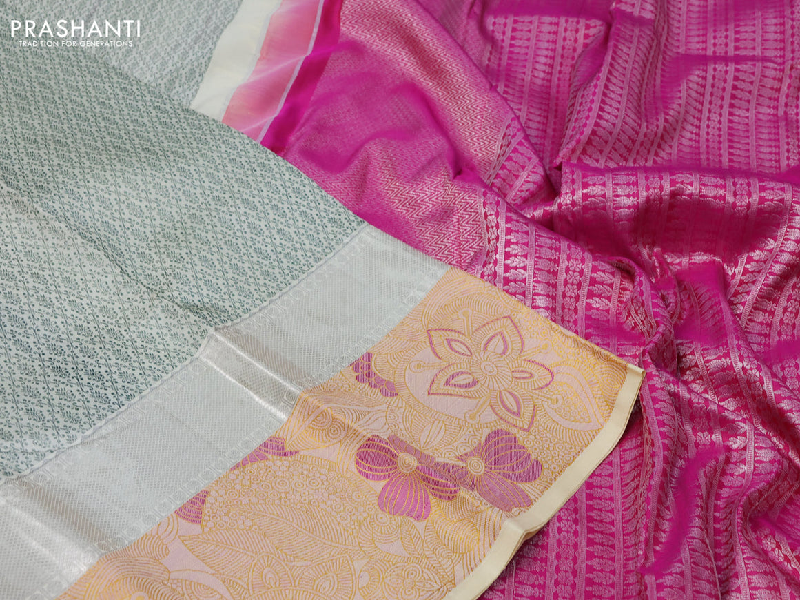 Pure kanchipuram silk saree cream and pink with allover self emboss and zari woven floral design border