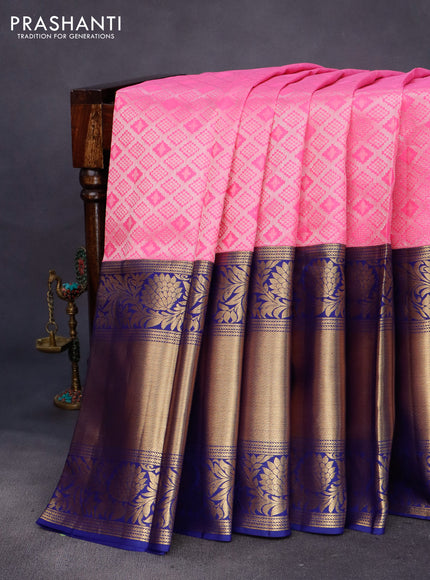 Pure kanchipuram silk saree pink and blue with allover silver zari woven brocade weaves and long zari woven border