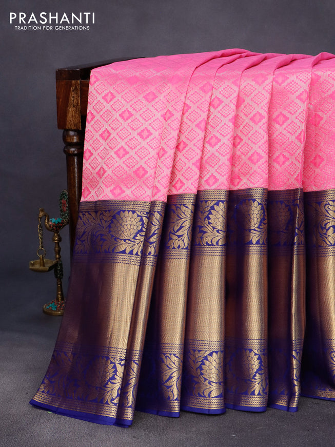 Pure kanchipuram silk saree pink and blue with allover silver zari woven brocade weaves and long zari woven border