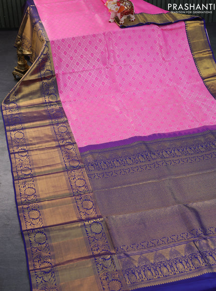 Pure kanchipuram silk saree pink and blue with allover silver zari woven brocade weaves and long zari woven border