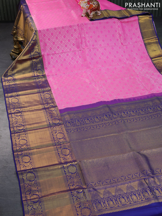 Pure kanchipuram silk saree pink and blue with allover silver zari woven brocade weaves and long zari woven border