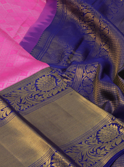 Pure kanchipuram silk saree pink and blue with allover silver zari woven brocade weaves and long zari woven border