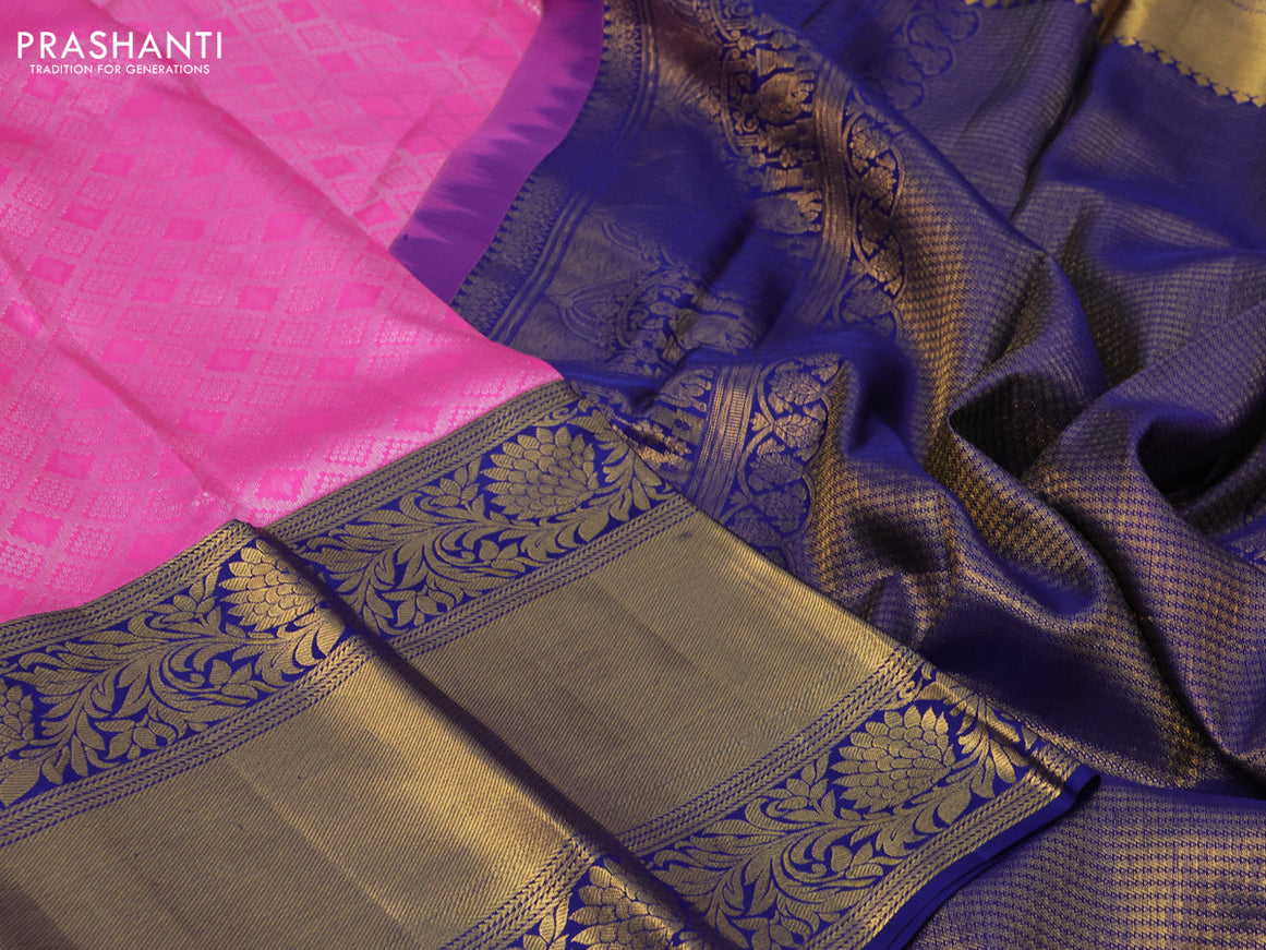 Pure kanchipuram silk saree pink and blue with allover silver zari woven brocade weaves and long zari woven border