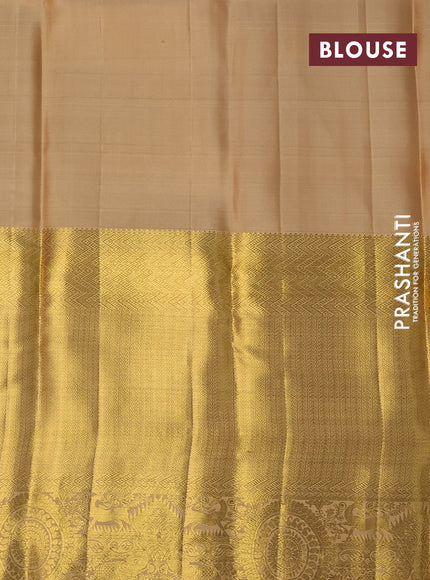 Pure kanchipuram silk saree pastel green and sandal with allover self emboss and long zari woven border