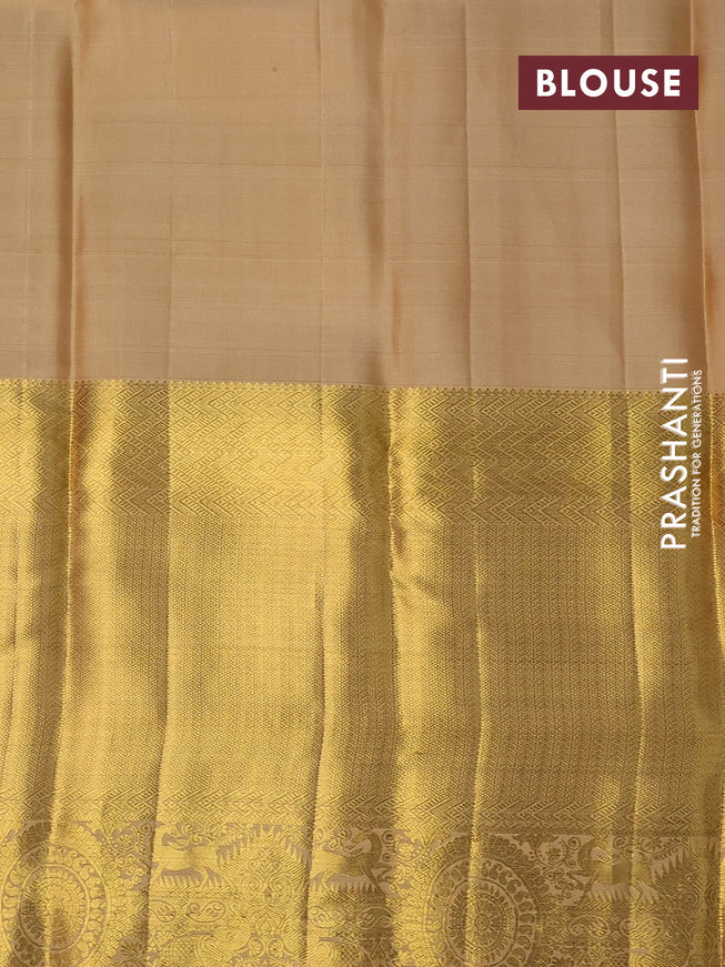 Pure kanchipuram silk saree pastel green and sandal with allover self emboss and long zari woven border