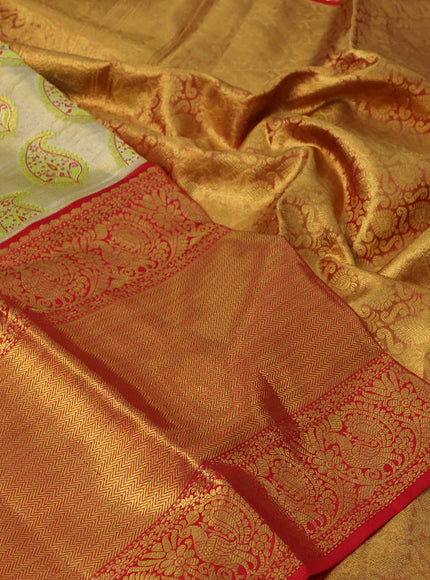 Pure kanchipuram tissue silk saree gold and red with allover zari woven brocade weaves and long zari woven border