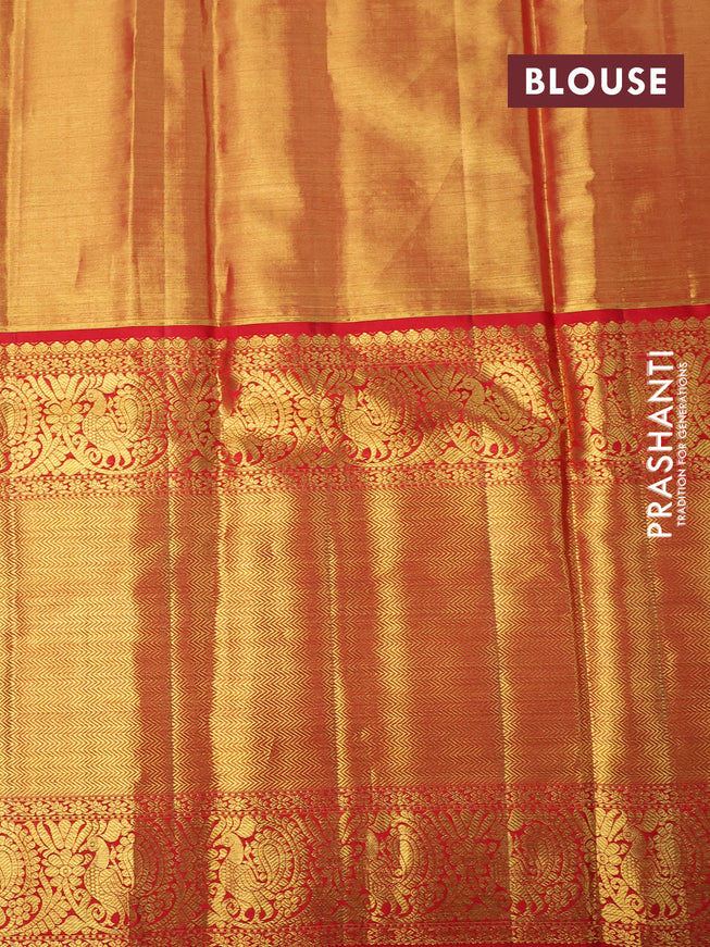 Pure kanchipuram tissue silk saree gold and red with allover zari woven brocade weaves and long zari woven border