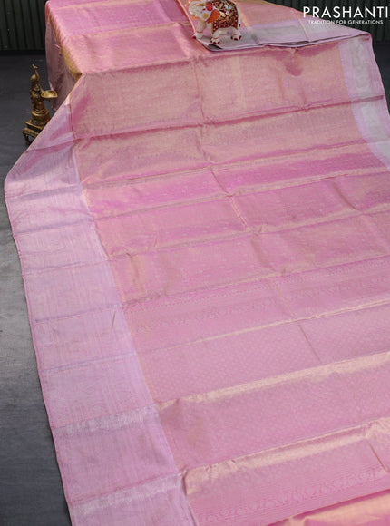 Pure kanchipuram tissue silk saree dual shade of goldish pink and light pink with allover zari woven brocade weaves and silver zari woven border