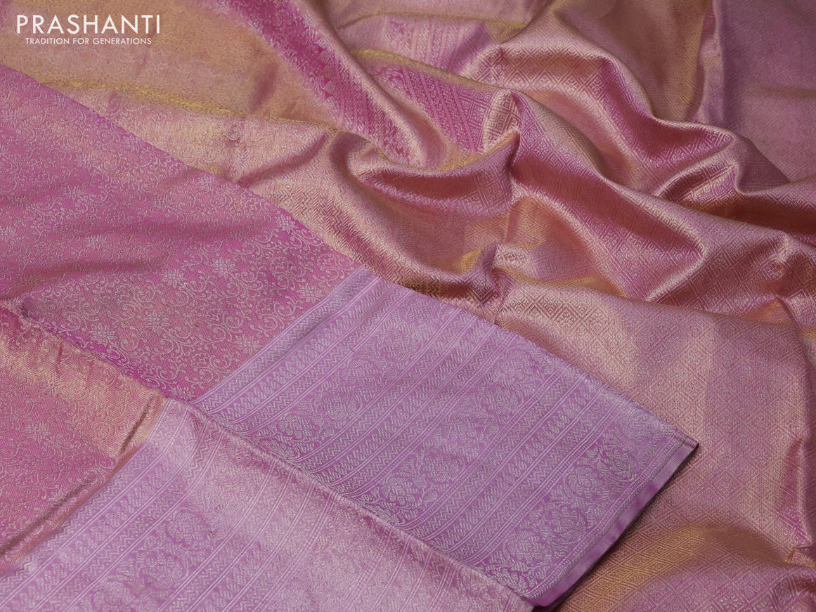 Pure kanchipuram tissue silk saree dual shade of goldish pink and light pink with allover zari woven brocade weaves and silver zari woven border